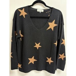 Peach Love California Women’s Sweater Small Black Tan Star Print V-Neck